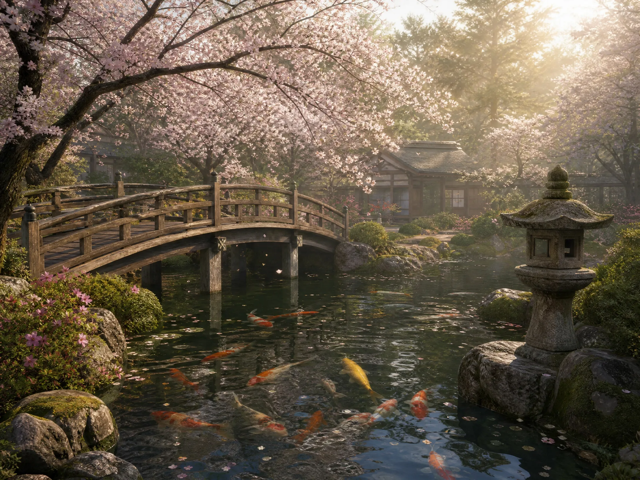 写实风‌格日式庭院樱花锦‍鲤插画